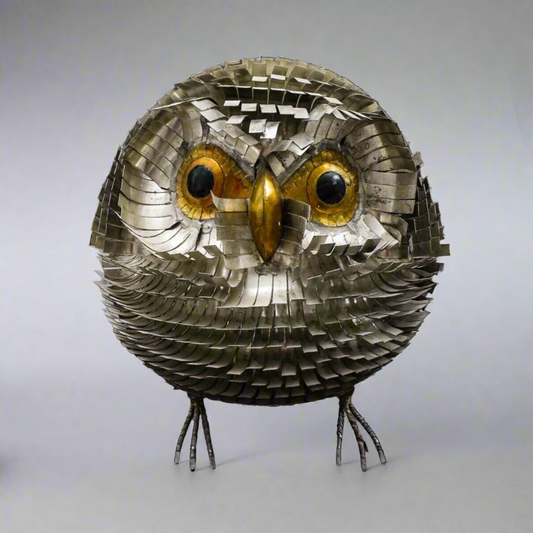 Sergio Bustamante Vintage MCM Brutalist Mixed Metal Bird Owl Sculpture 8.75"