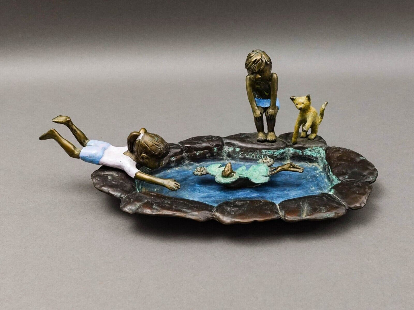Evans Signed Children Playing In Lily Pond With Frogs Bronze Sculpture 11 3/4"