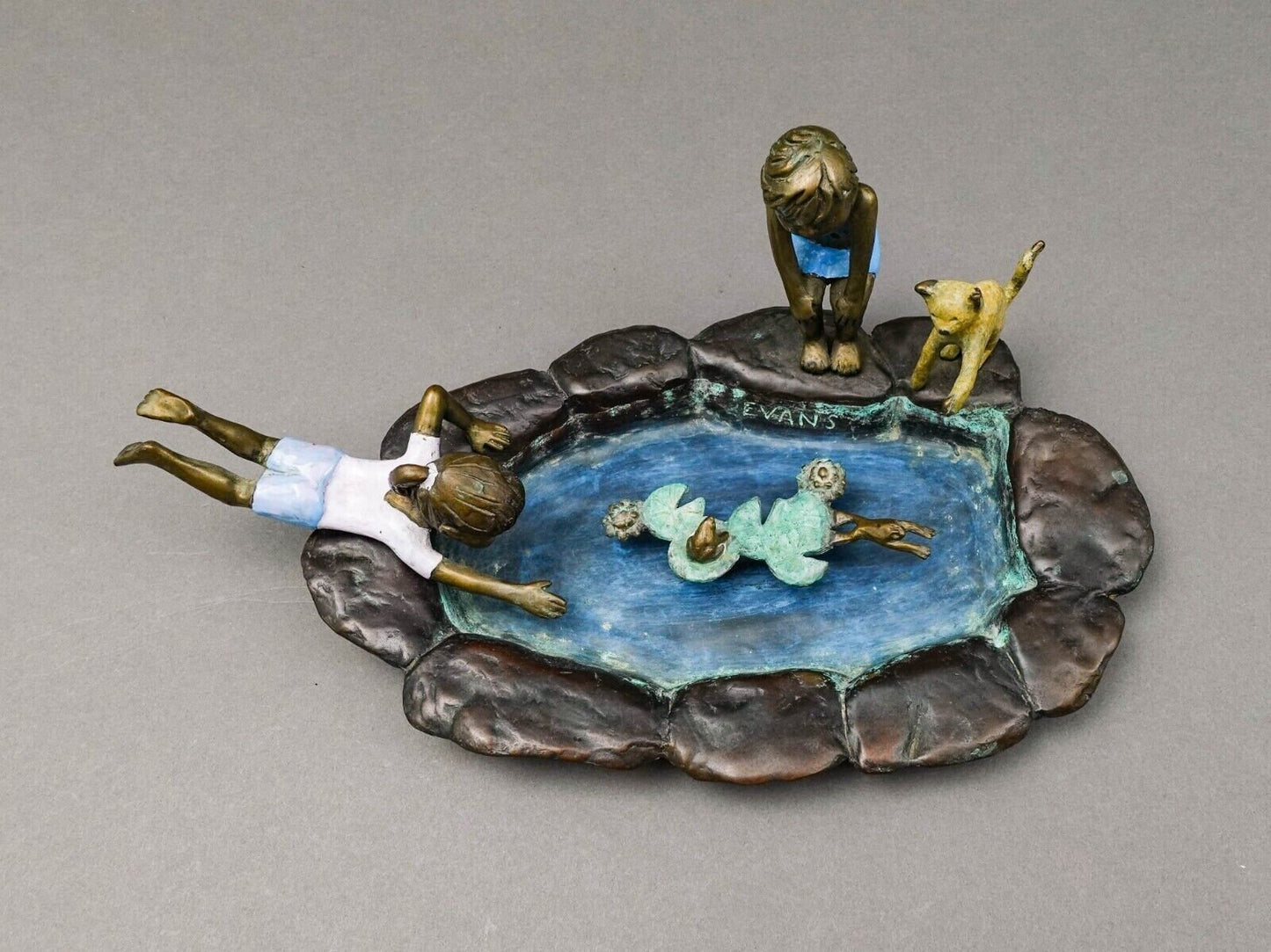 Evans Signed Children Playing In Lily Pond With Frogs Bronze Sculpture 11 3/4"