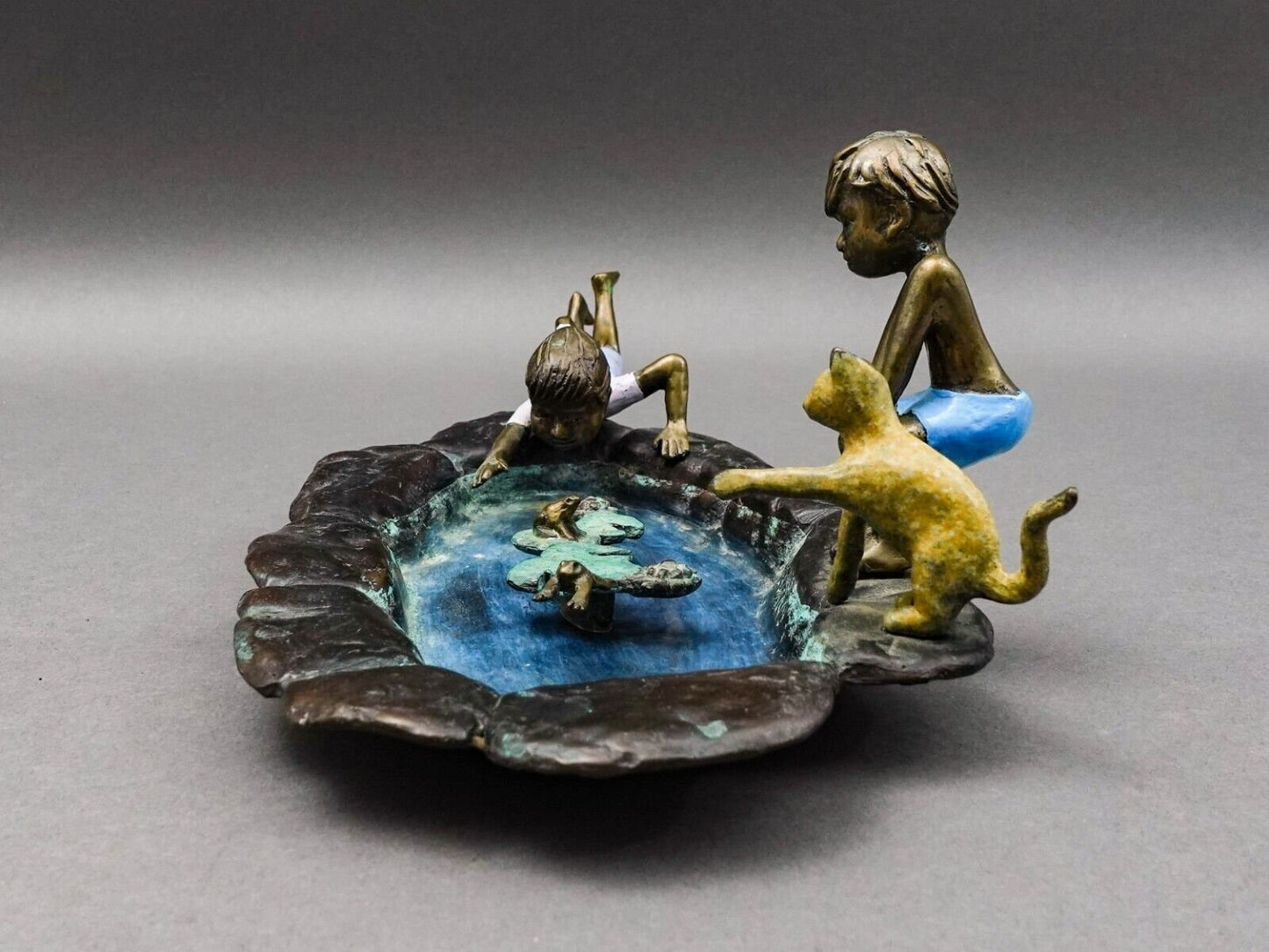 Evans Signed Children Playing In Lily Pond With Frogs Bronze Sculpture 11 3/4"