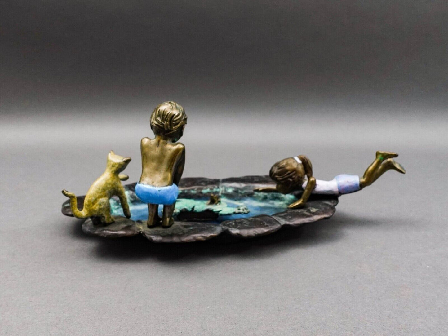 Evans Signed Children Playing In Lily Pond With Frogs Bronze Sculpture 11 3/4"