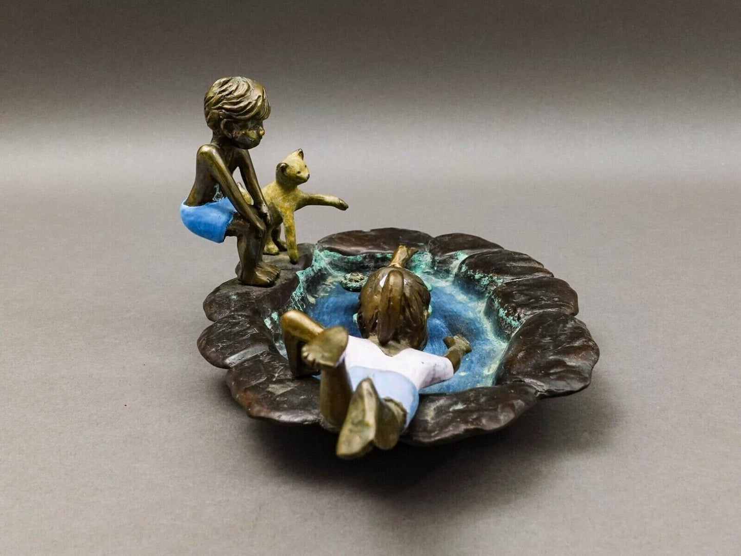 Evans Signed Children Playing In Lily Pond With Frogs Bronze Sculpture 11 3/4"