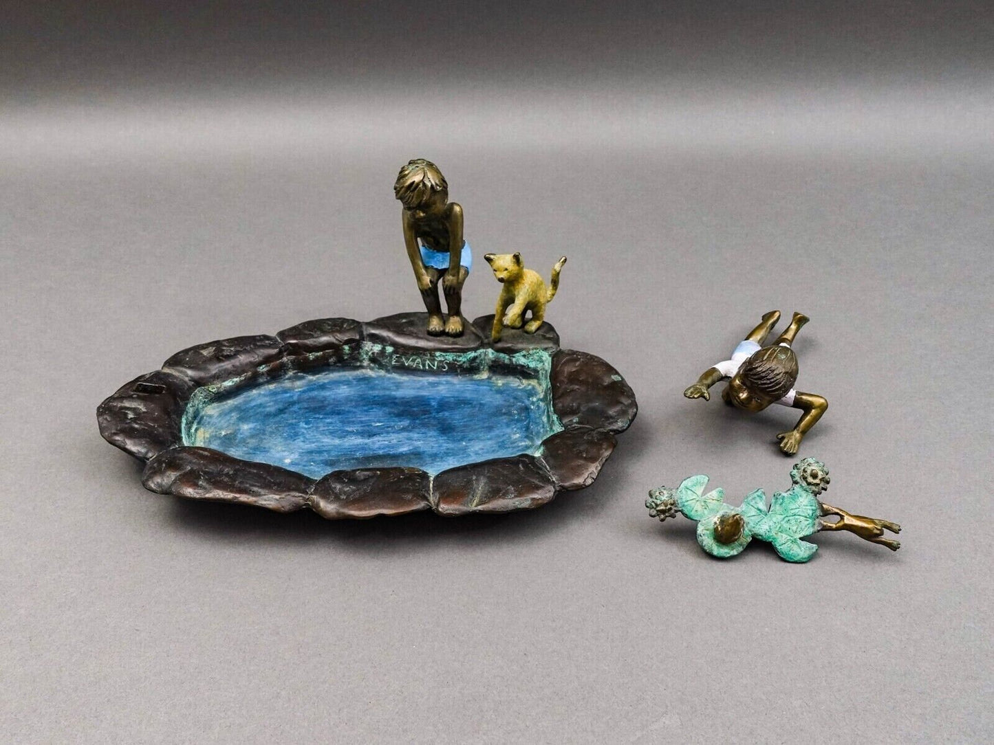Evans Signed Children Playing In Lily Pond With Frogs Bronze Sculpture 11 3/4"