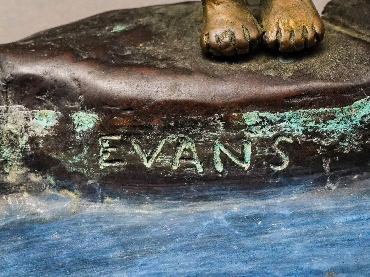 Evans Signed Children Playing In Lily Pond With Frogs Bronze Sculpture 11 3/4"