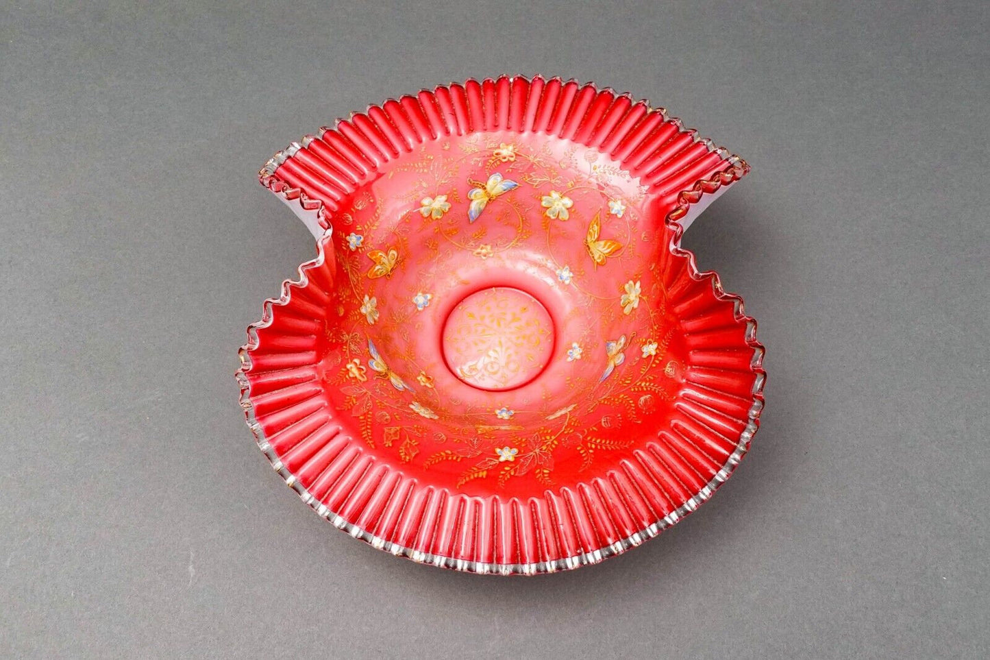 Antique Victorian Hand Painted Butterflies Ruffled Edge Glass Brides Basket Bowl