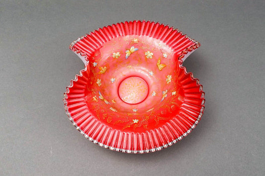 Antique Victorian Hand Painted Butterflies Ruffled Edge Glass Brides Basket Bowl
