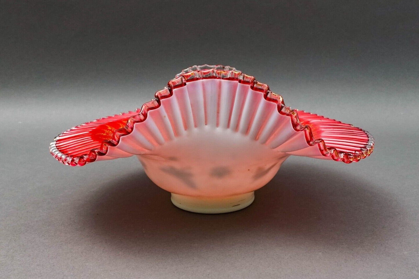 Antique Victorian Hand Painted Butterflies Ruffled Edge Glass Brides Basket Bowl