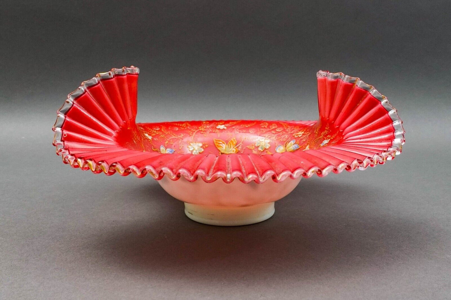 Antique Victorian Hand Painted Butterflies Ruffled Edge Glass Brides Basket Bowl