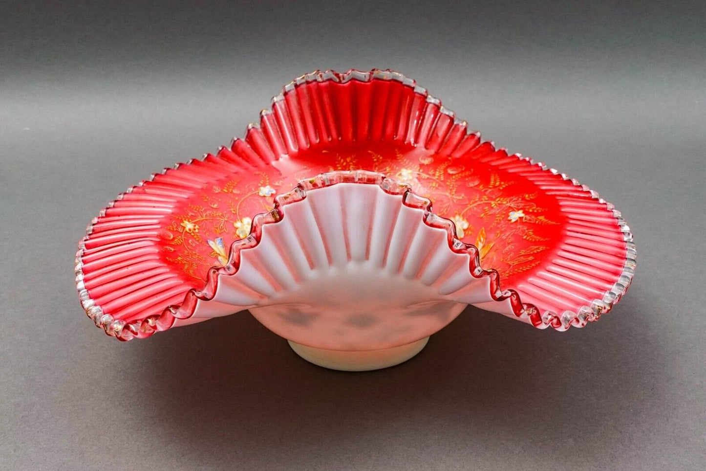 Antique Victorian Hand Painted Butterflies Ruffled Edge Glass Brides Basket Bowl