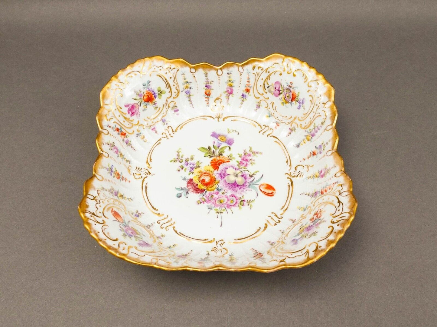 Dresden Germany Antique Franziska Hirsch Scalloped Floral Porcelain Serving Bowl