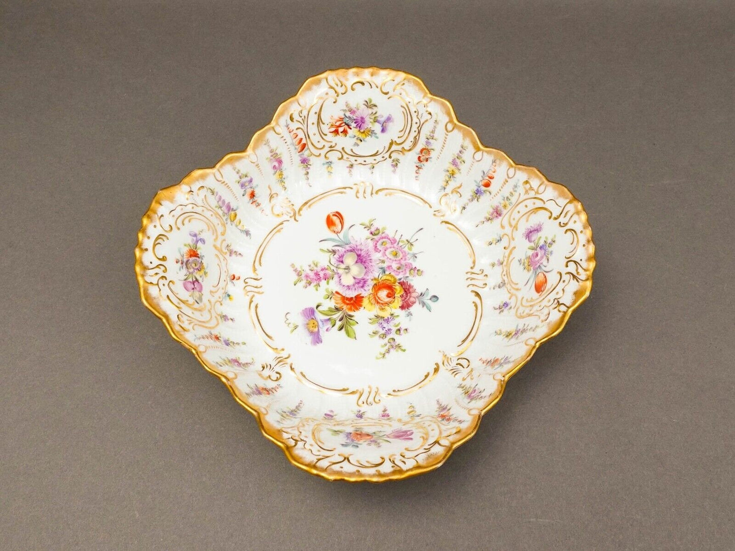 Dresden Germany Antique Franziska Hirsch Scalloped Floral Porcelain Serving Bowl