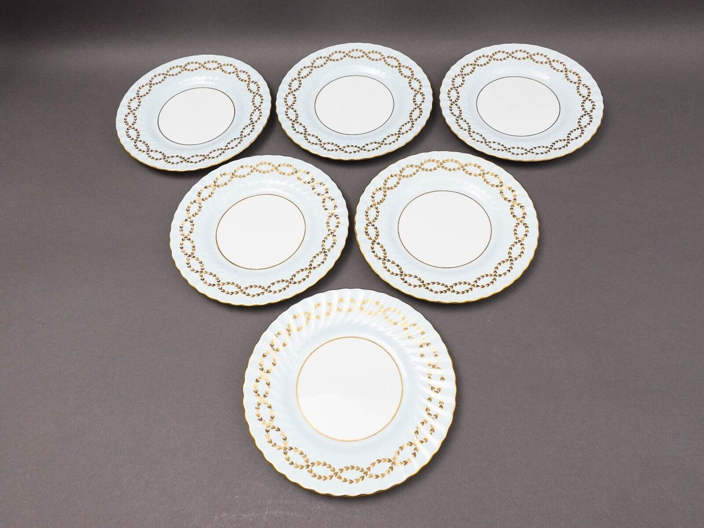Minton England Tiffany S600 Gold Laurel Leaf Light Blue Luncheon Plate Set Of 6