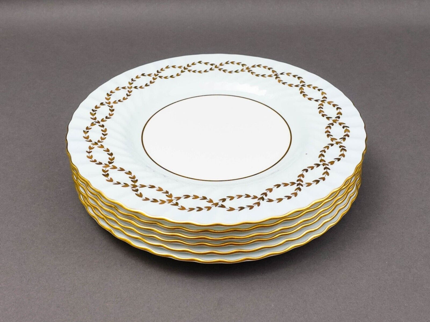 Minton England Tiffany S600 Gold Laurel Leaf Light Blue Luncheon Plate Set Of 6