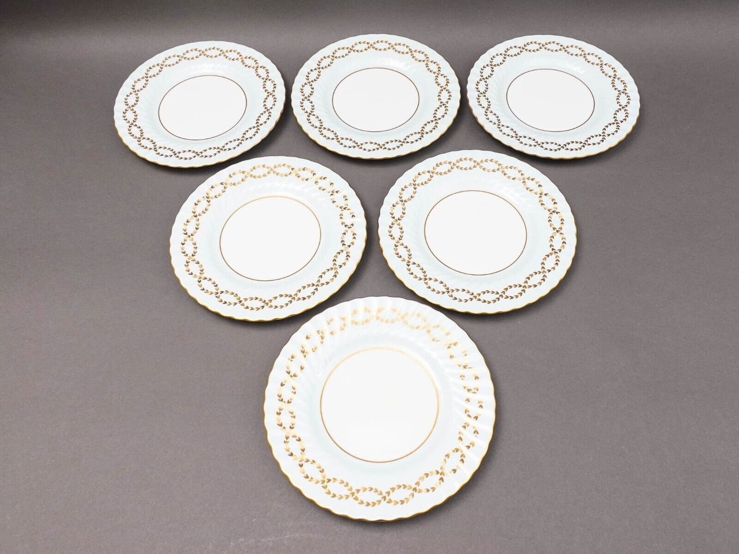 Minton England Tiffany S600 Gold Laurel Leaf Light Blue Luncheon Plate Set Of 6