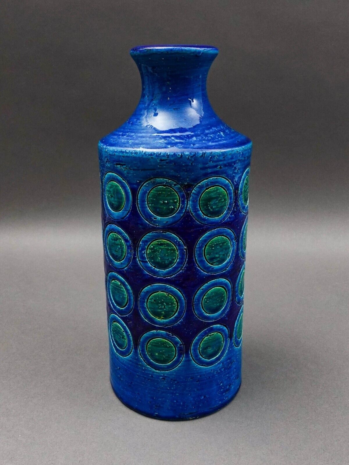 Bitossi Italy Aldo Londi Rimini MCM Blue Glazed Circles Art Pottery Vase 11 3/4"