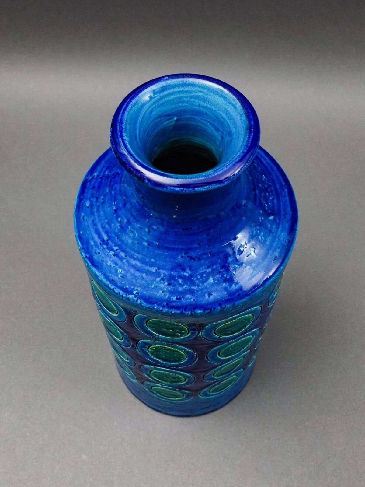 Bitossi Italy Aldo Londi Rimini MCM Blue Glazed Circles Art Pottery Vase 11 3/4"