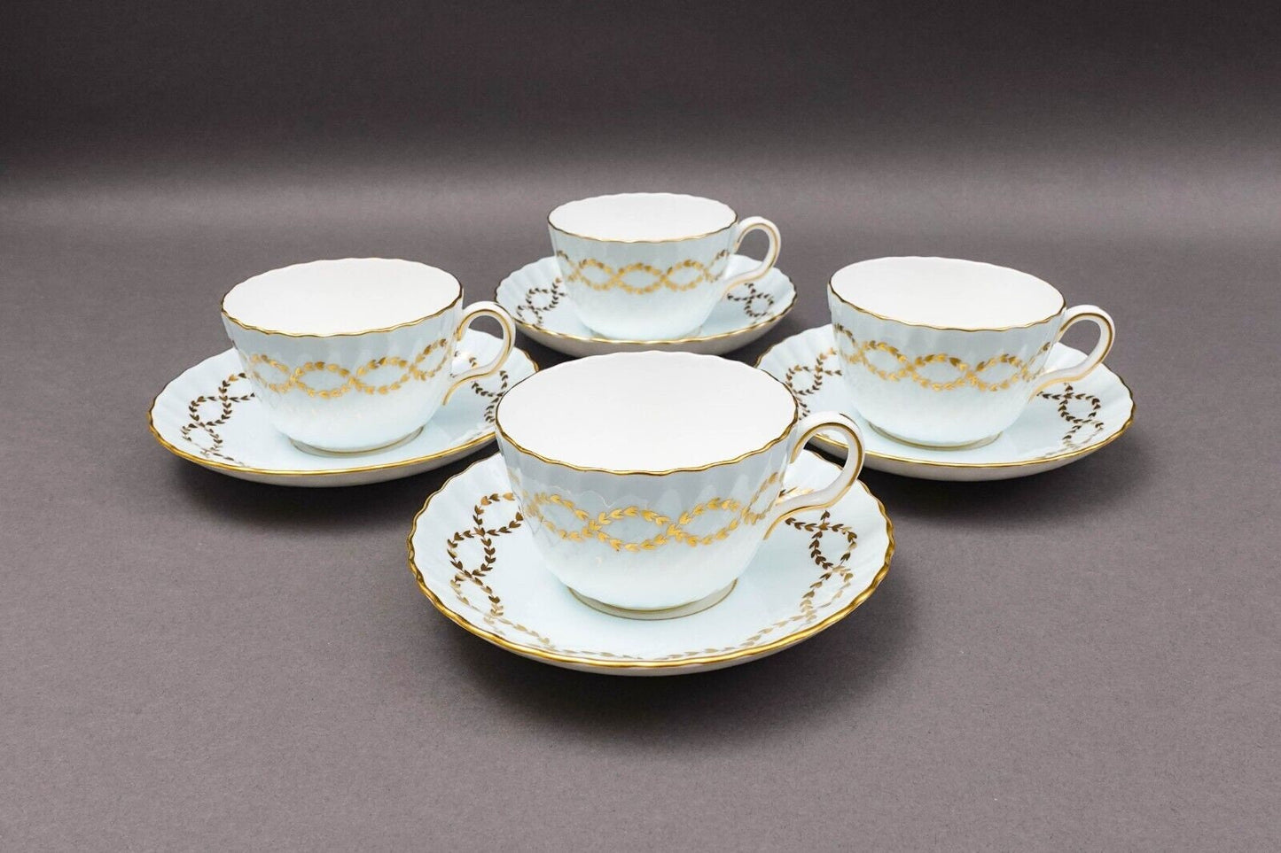 Minton England S600 Gold Laurel Leaves Light Blue Tea Cup & Saucer Set Of 4