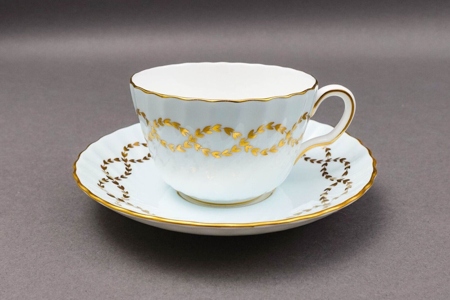Minton England S600 Gold Laurel Leaves Light Blue Tea Cup & Saucer Set Of 4