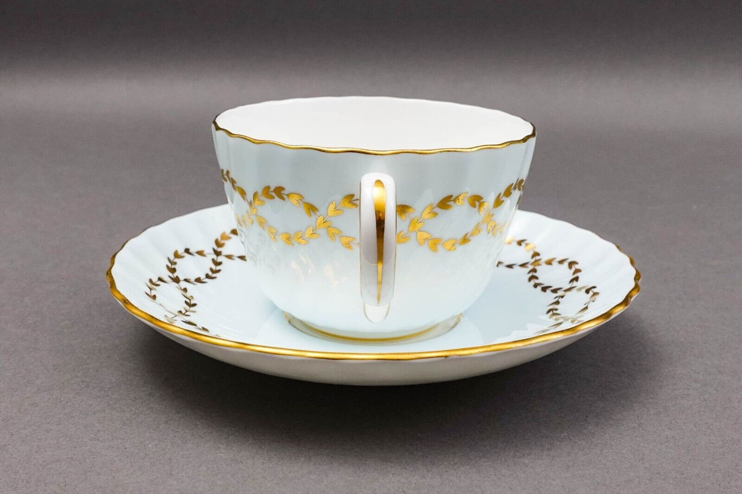 Minton England S600 Gold Laurel Leaves Light Blue Tea Cup & Saucer Set Of 4