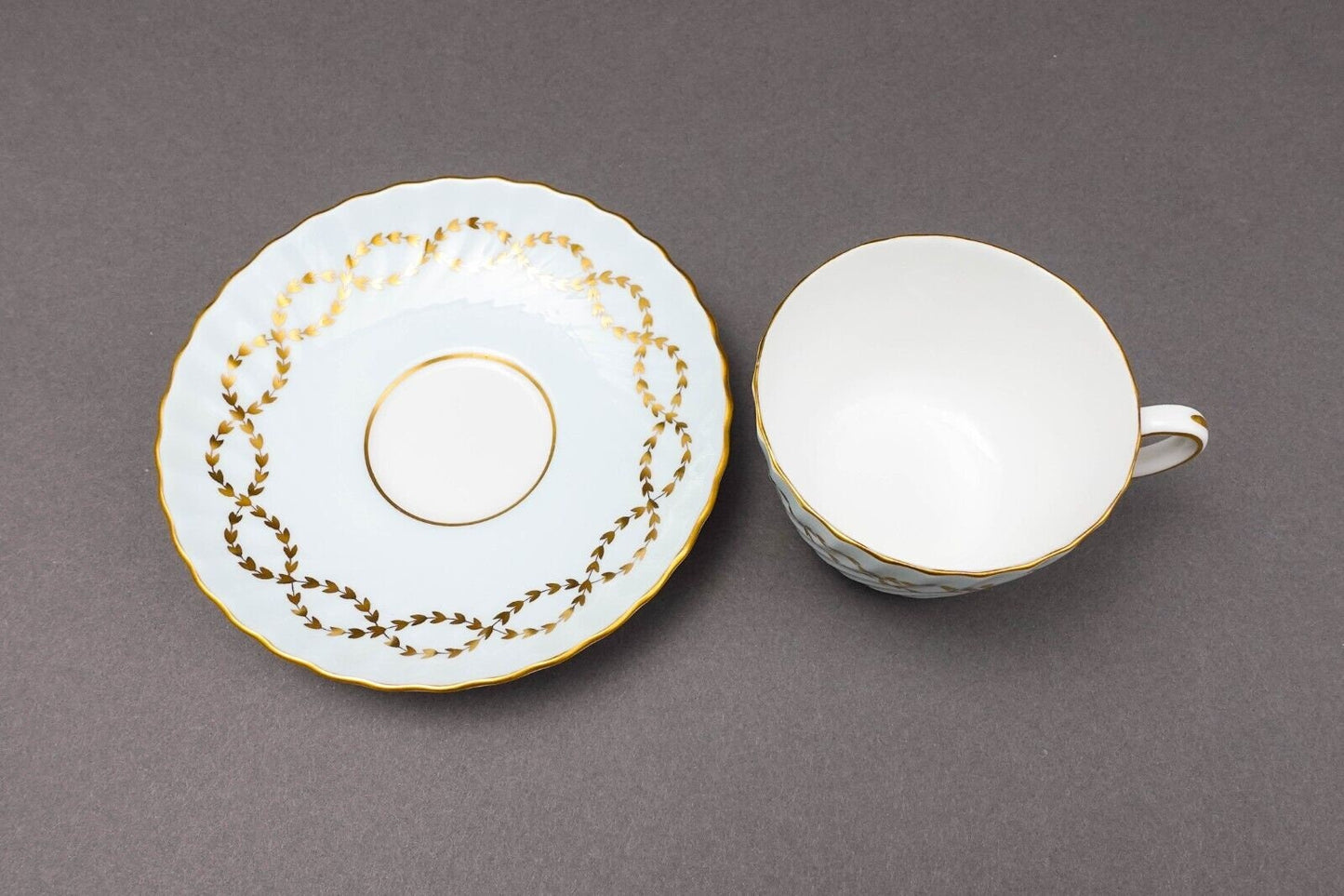 Minton England S600 Gold Laurel Leaves Light Blue Tea Cup & Saucer Set Of 4