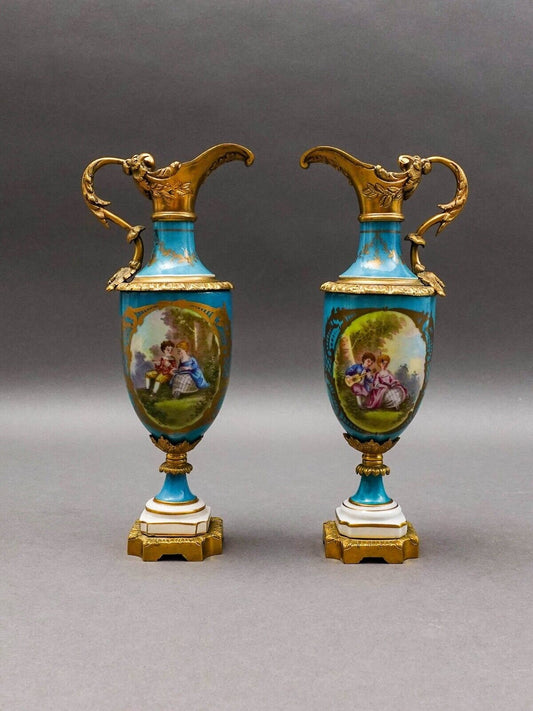 Sevres Style Antique Gold Gilt Bronze Mounted Turquoise Porcelain Ewer Jug Pair