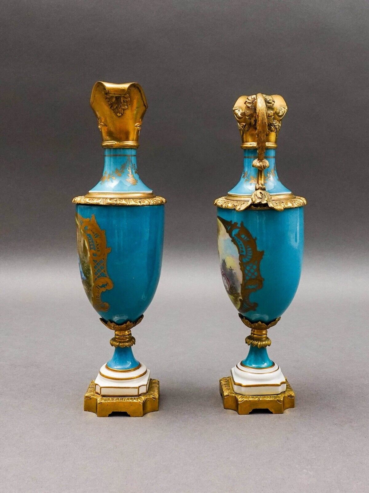 Sevres Style Antique Gold Gilt Bronze Mounted Turquoise Porcelain Ewer Jug Pair