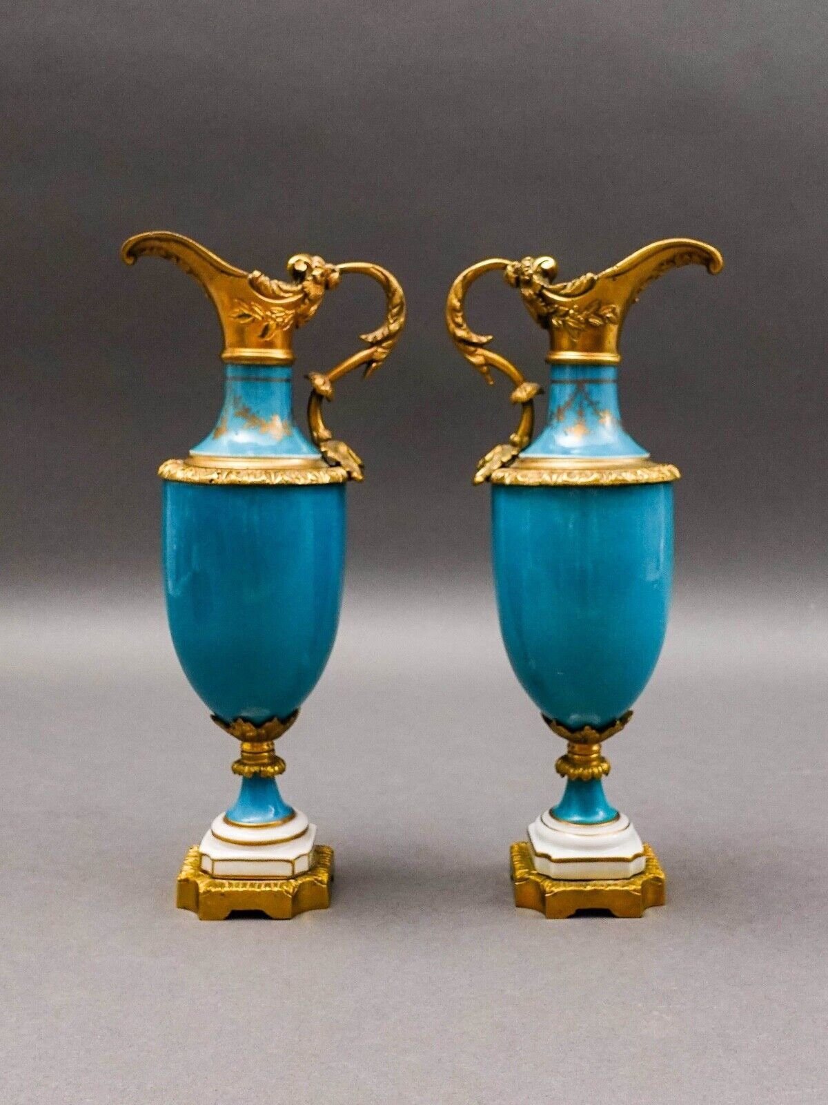 Sevres Style Antique Gold Gilt Bronze Mounted Turquoise Porcelain Ewer Jug Pair