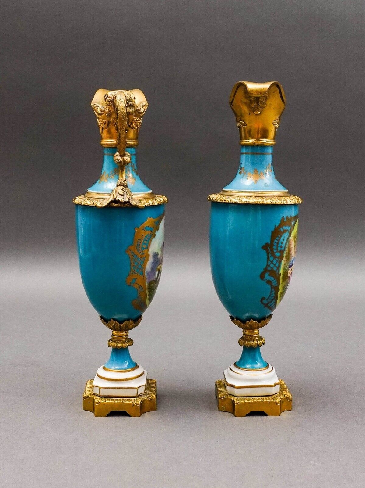 Sevres Style Antique Gold Gilt Bronze Mounted Turquoise Porcelain Ewer Jug Pair