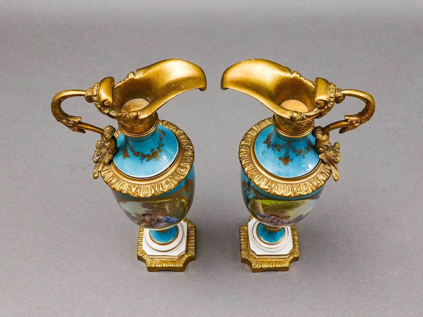 Sevres Style Antique Gold Gilt Bronze Mounted Turquoise Porcelain Ewer Jug Pair