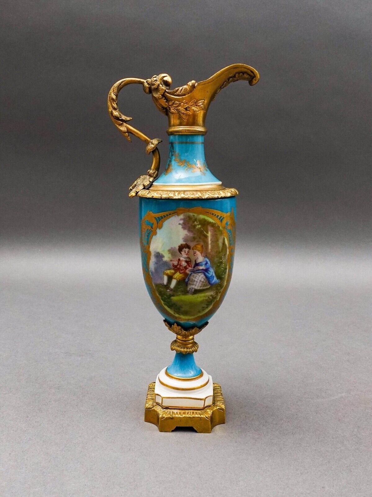 Sevres Style Antique Gold Gilt Bronze Mounted Turquoise Porcelain Ewer Jug Pair