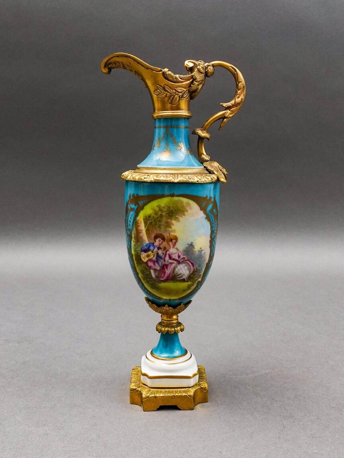 Sevres Style Antique Gold Gilt Bronze Mounted Turquoise Porcelain Ewer Jug Pair