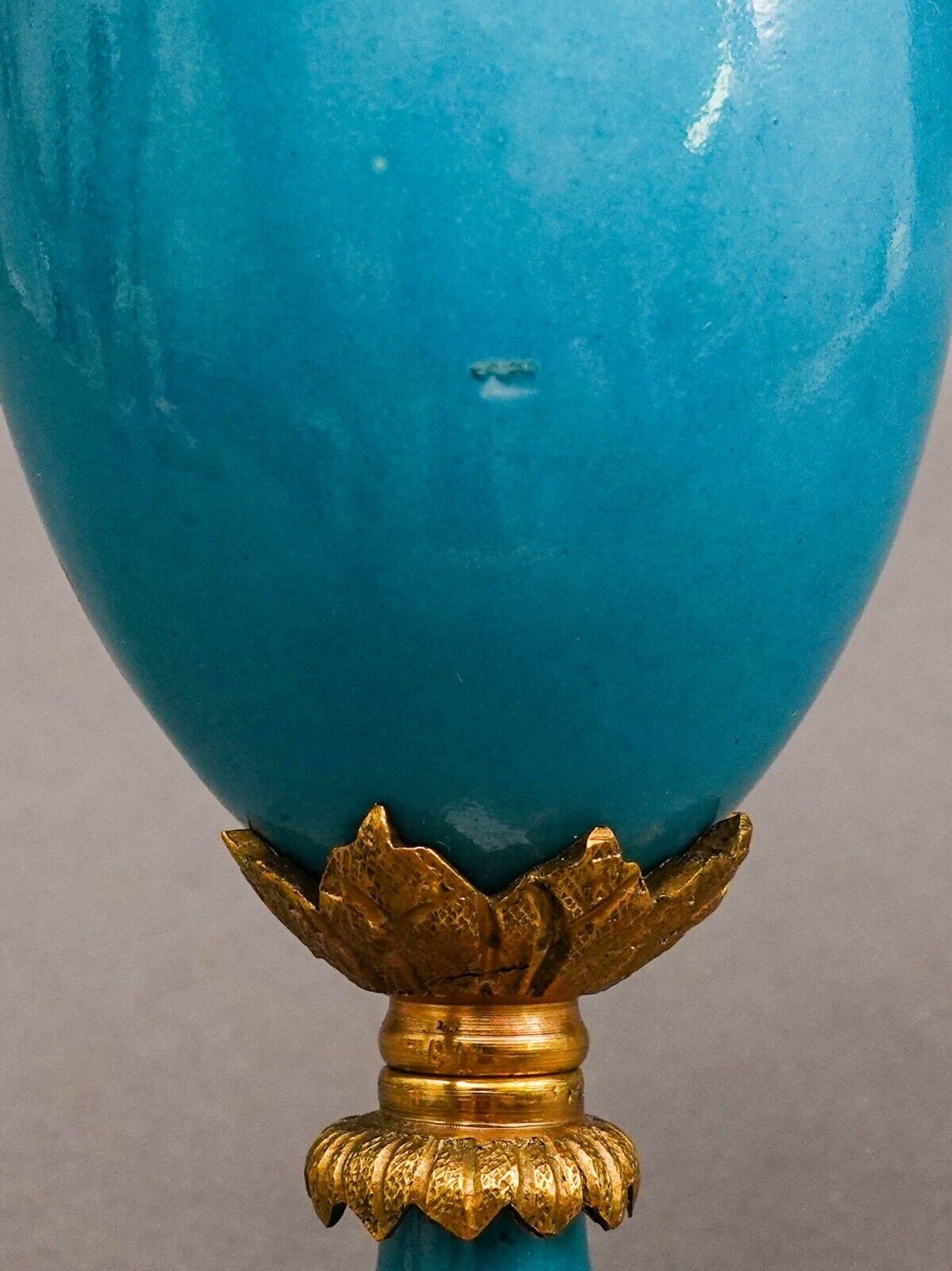 Sevres Style Antique Gold Gilt Bronze Mounted Turquoise Porcelain Ewer Jug Pair