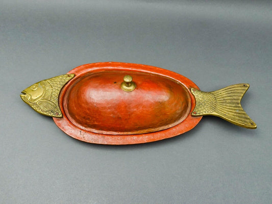 Vintage Large Hammered Copper Brass Fish Lidded Pan Poacher Serving Platter 23"