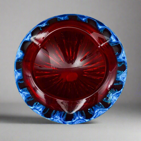 Vintage Murano Italy Red & Blue Hand Blown Art Glass Ashtray Bowl