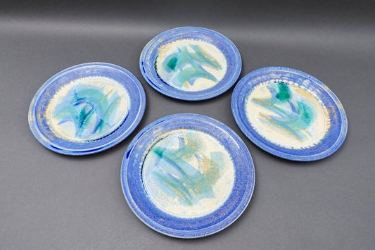 Edgecomb Potters Maine Blue Green Crystalline Glazed Pottery Dinner Plate Set 4