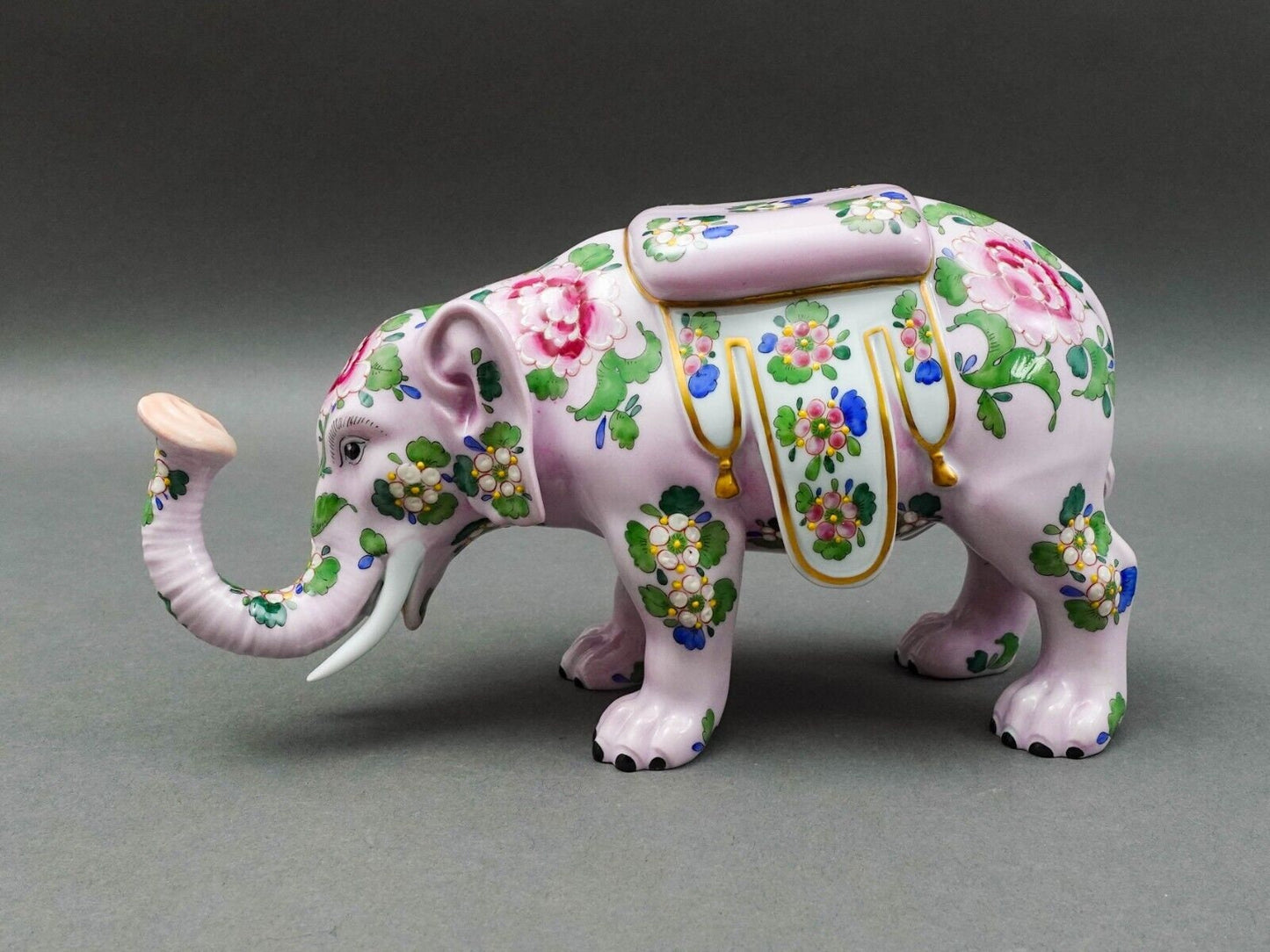 Carl Thieme Dresden Germany Floral Painted Pink Elephant Porcelain Figurine