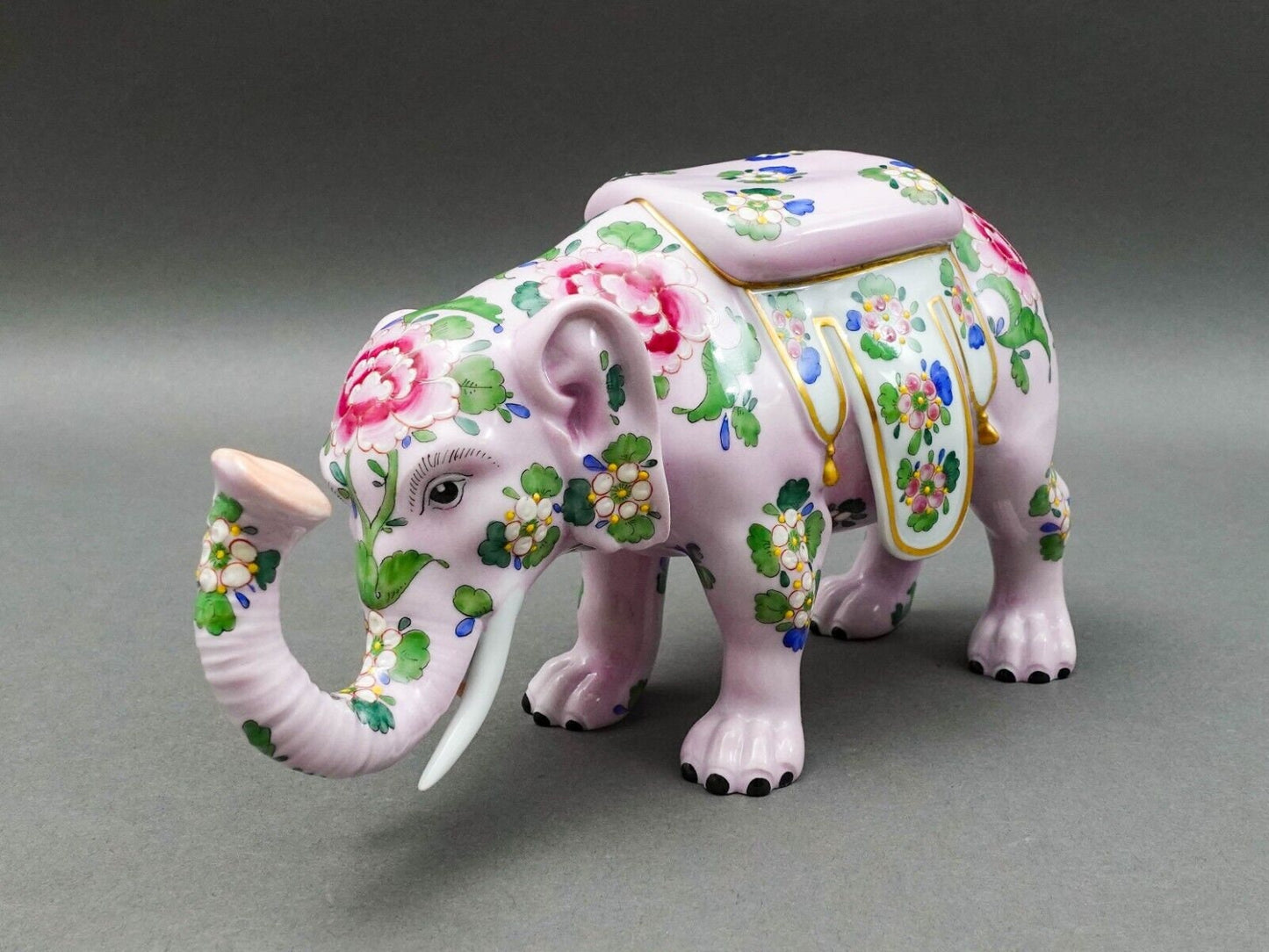 Carl Thieme Dresden Germany Floral Painted Pink Elephant Porcelain Figurine
