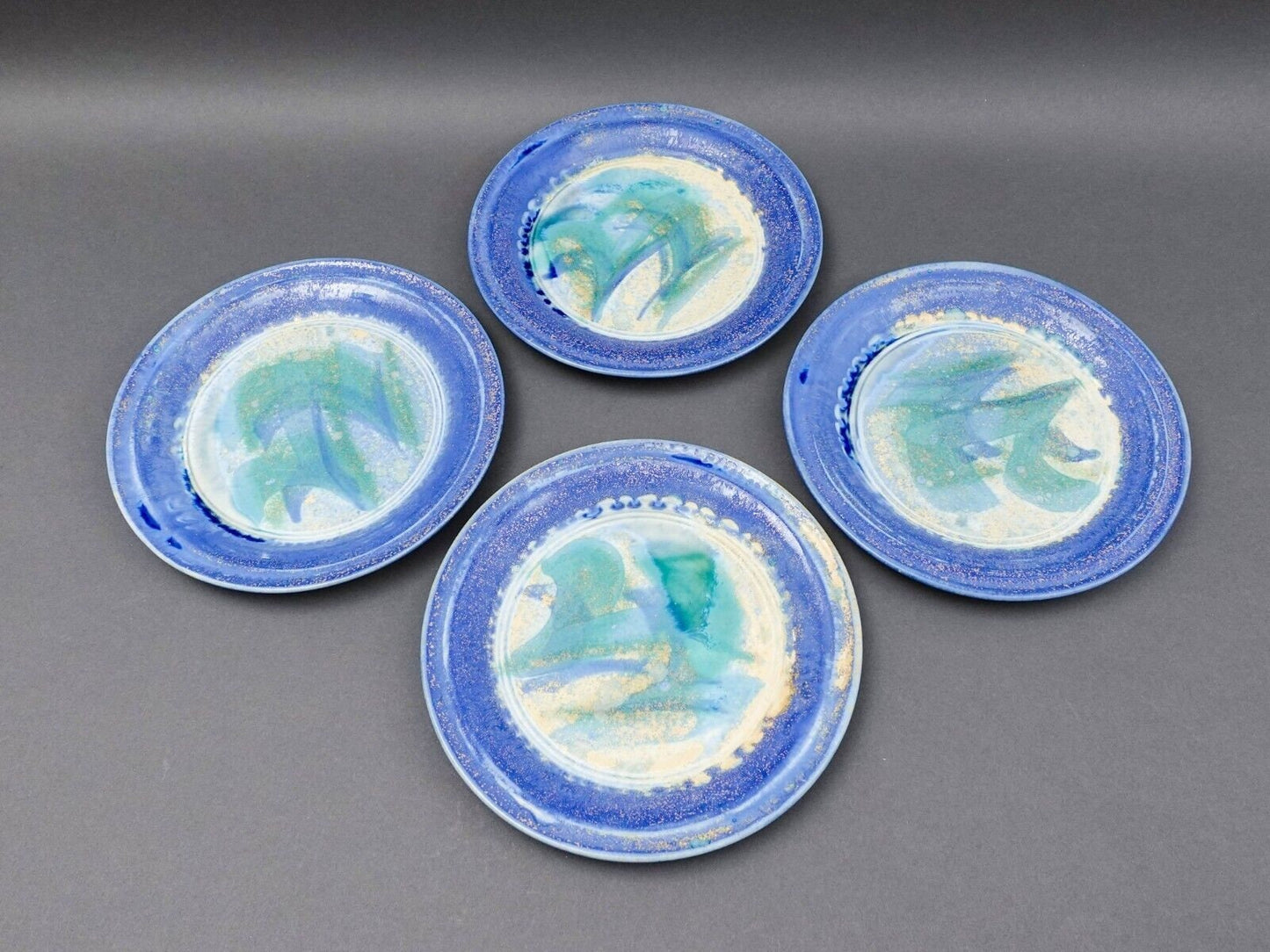 Edgecomb Potters Maine Blue Green Crystalline Glazed Pottery Salad Plate Set 4