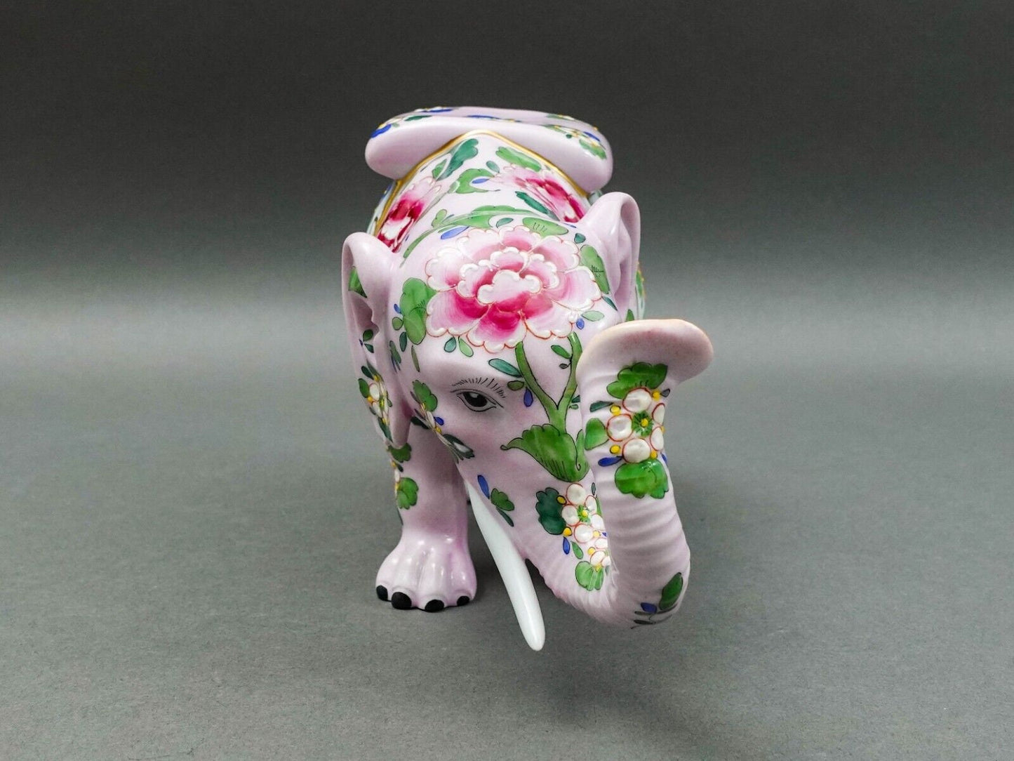 Carl Thieme Dresden Germany Floral Painted Pink Elephant Porcelain Figurine