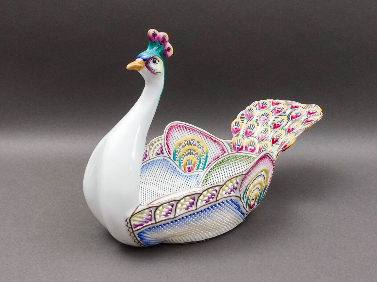 Moga Romania Hand Painted Porcelain Large Peacock Centerpiece Bowl Rare