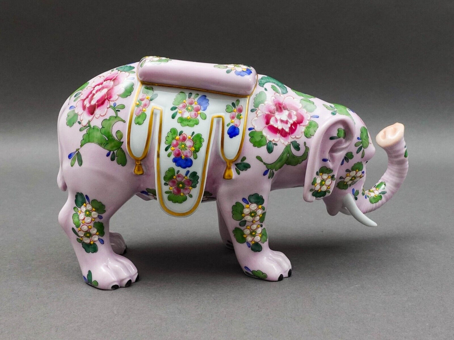 Carl Thieme Dresden Germany Floral Painted Pink Elephant Porcelain Figurine