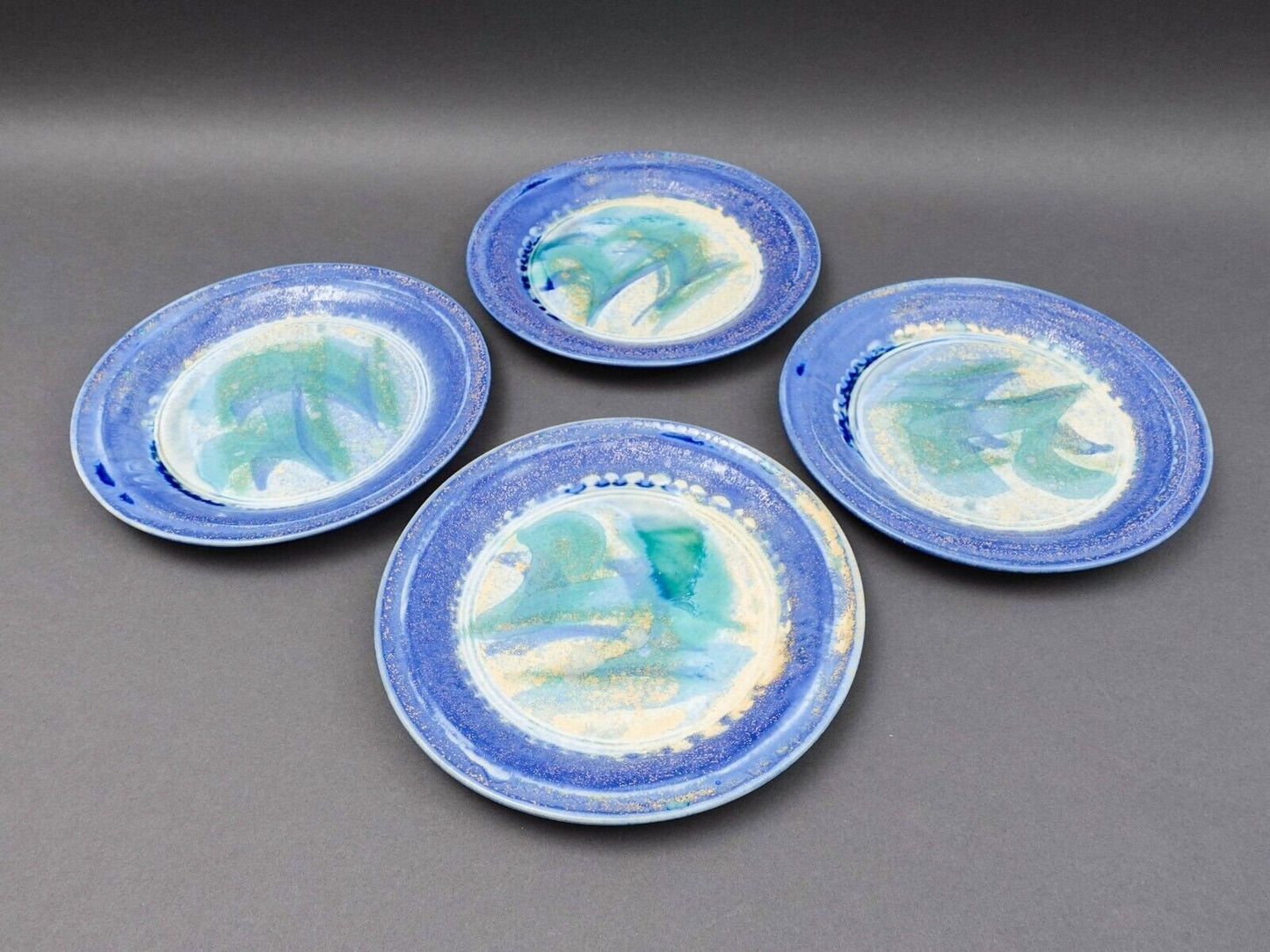 Edgecomb Potters Maine Blue Green Crystalline Glazed Pottery Salad Plate Set 4