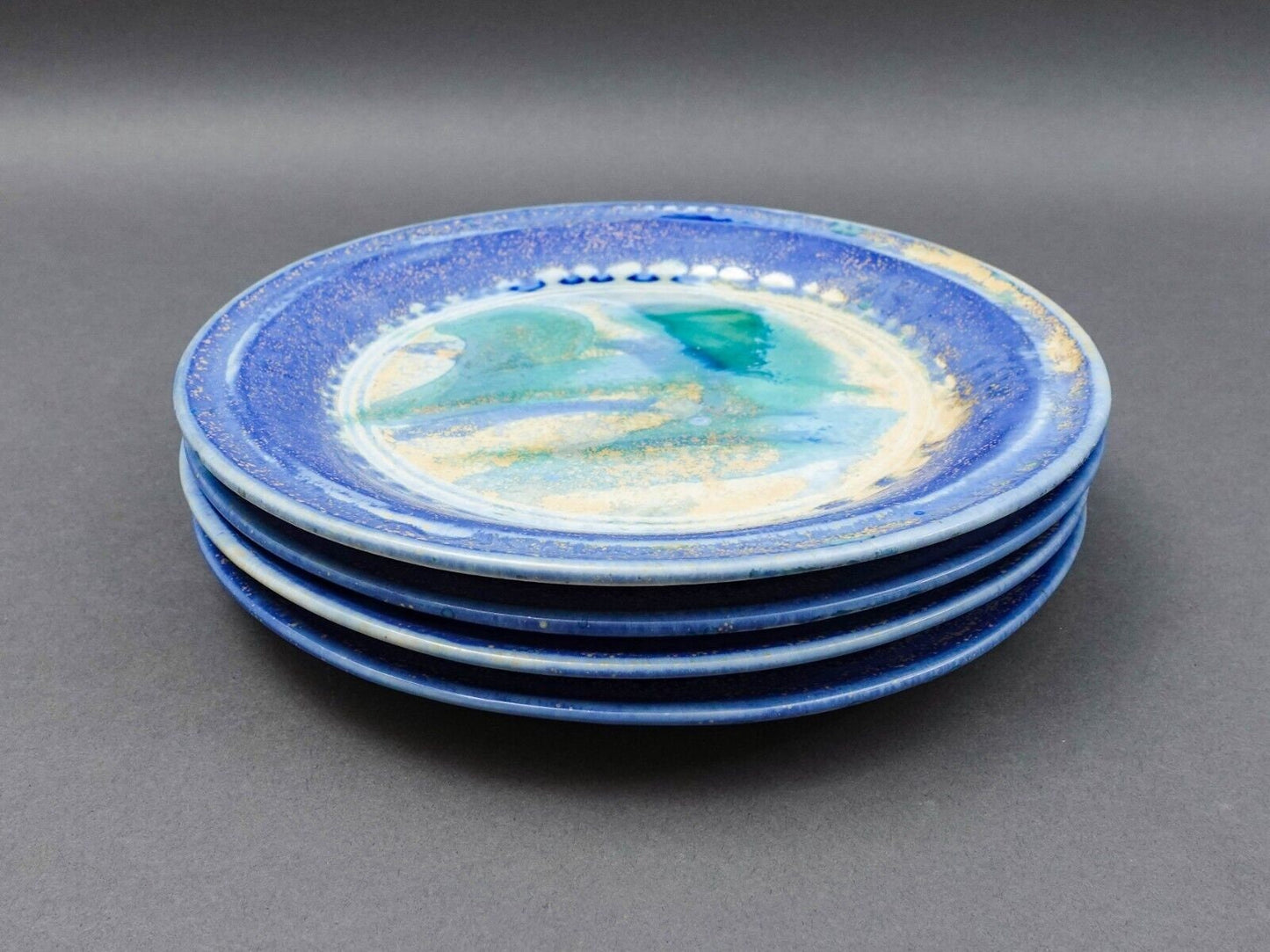 Edgecomb Potters Maine Blue Green Crystalline Glazed Pottery Salad Plate Set 4