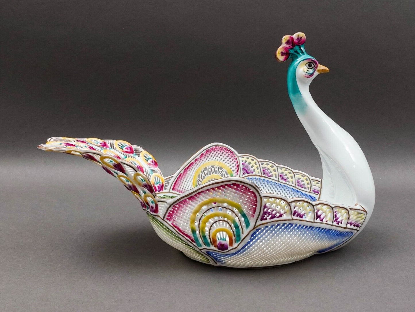 Moga Romania Hand Painted Porcelain Large Peacock Centerpiece Bowl Rare