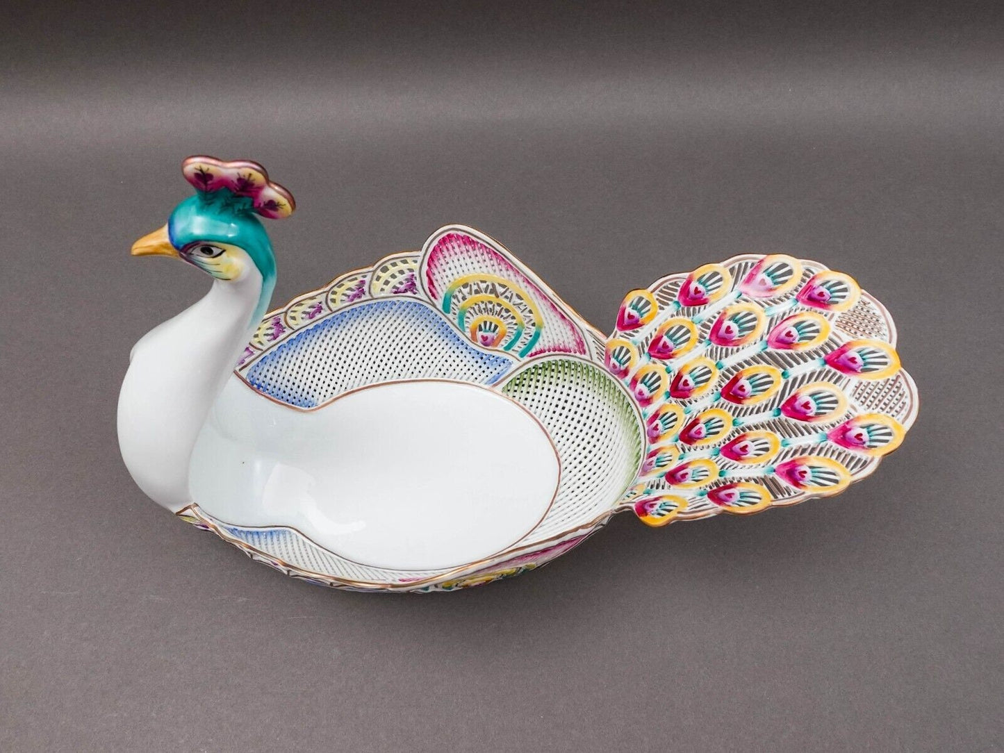 Moga Romania Hand Painted Porcelain Large Peacock Centerpiece Bowl Rare