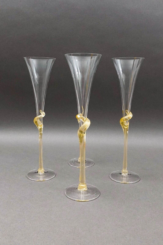 Union Street Glass Signed Y2K Gold Mist Twisted Champagne Flutes Set Of 4
