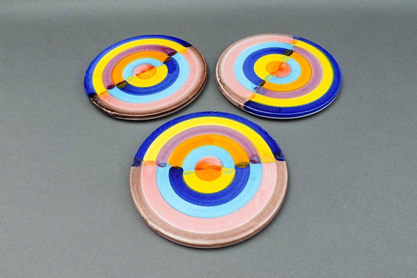 Italian Hand Painted Colorful Pottery Round 7 1/4" Trivet Hot Plate Set Of 3
