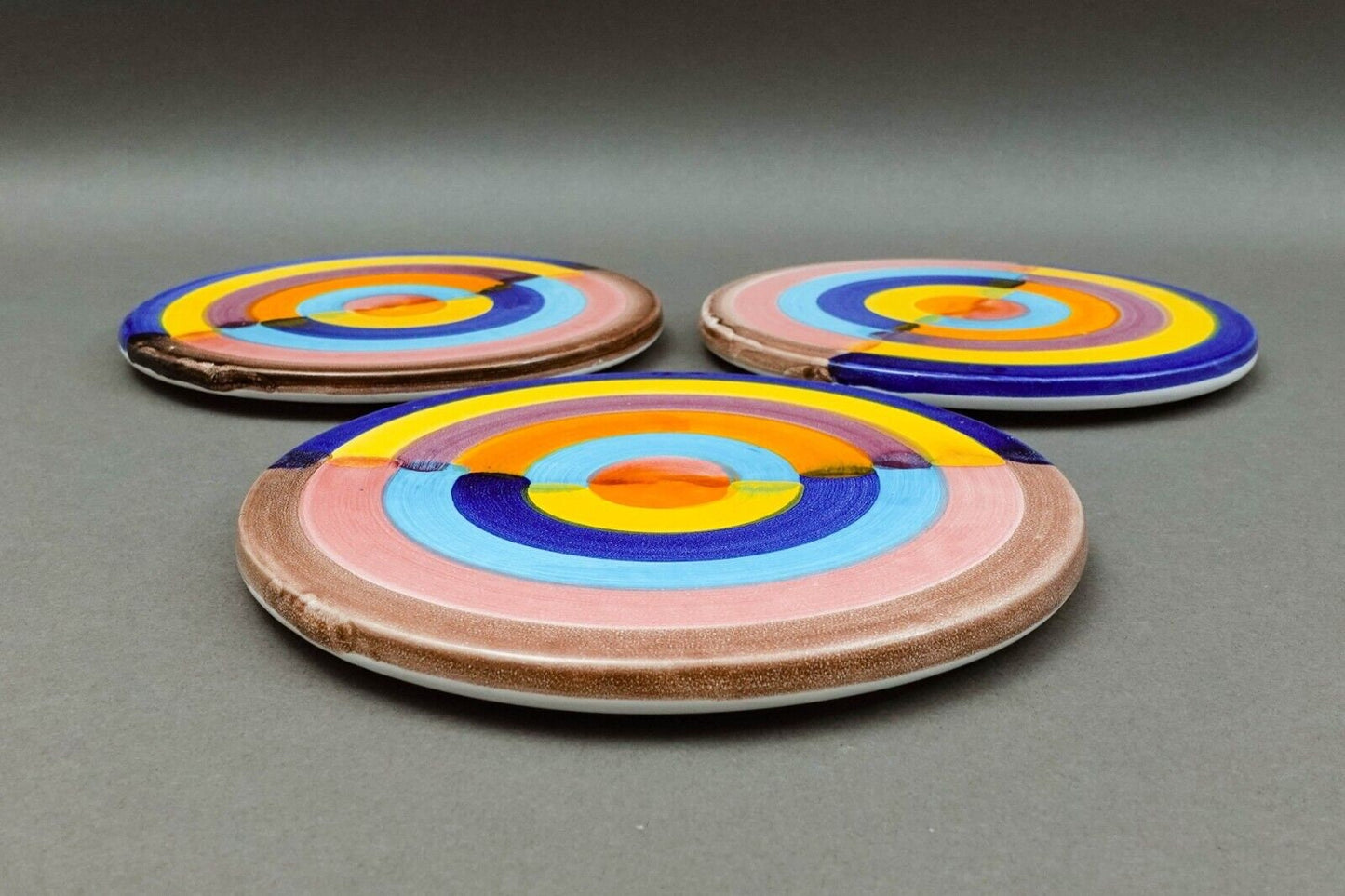Italian Hand Painted Colorful Pottery Round 7 1/4" Trivet Hot Plate Set Of 3