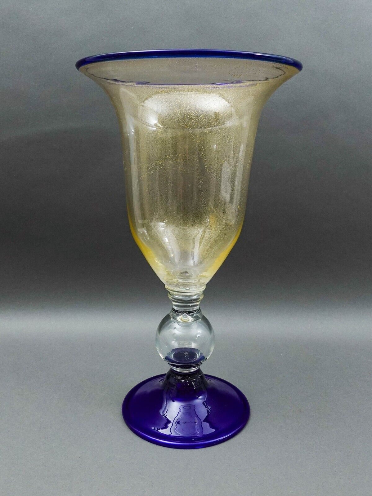 Murano Large Hand Blown Cobalt Blue Gold Fleck Art Glass Pedestal Vase 18 1/2"