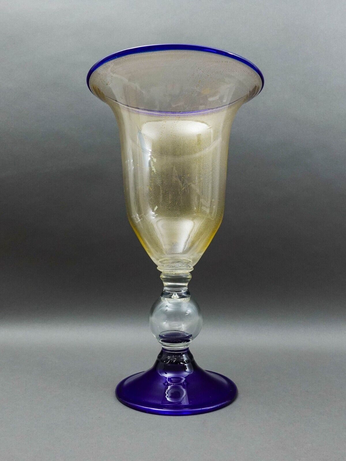 Murano Large Hand Blown Cobalt Blue Gold Fleck Art Glass Pedestal Vase 18 1/2"